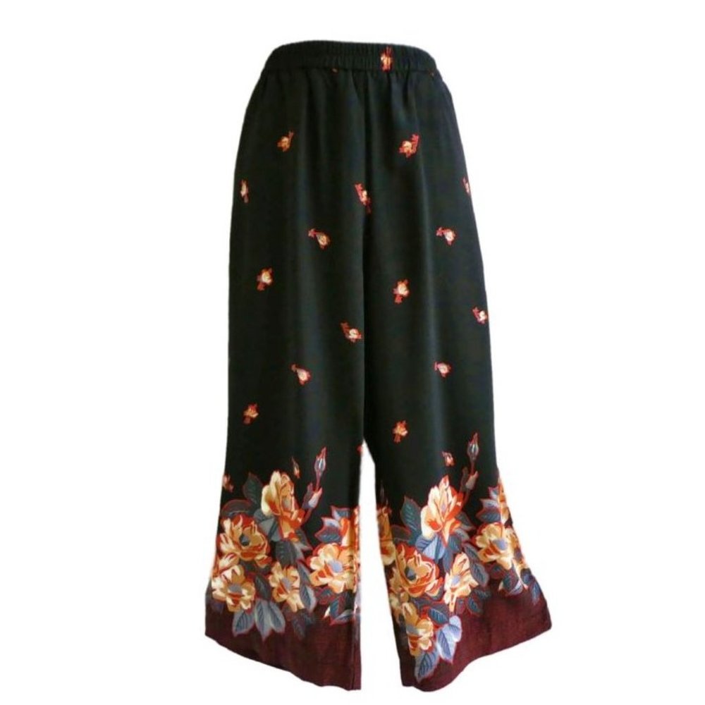 Ett Twa Trouser Pants Wide Leg Crop Floral Elastic Waistband Pull On Boho S